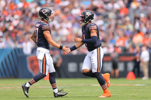 Chicago Bears fullback Robert Burns (45) celebrates after scoring a  touchdown against the Buffalo Bills during the second half of an NFL  preseason football game, Saturday, Aug. 26, 2023, in Chicago. (AP