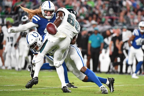 Offensive lineman Jason Godrick, of Nigeria, center, takes part in the NFL  International Combine at the Tottenham Hotspur Stadium in London, Tuesday,  Oct. 4, 2022. International athletes on Tuesday are taking part