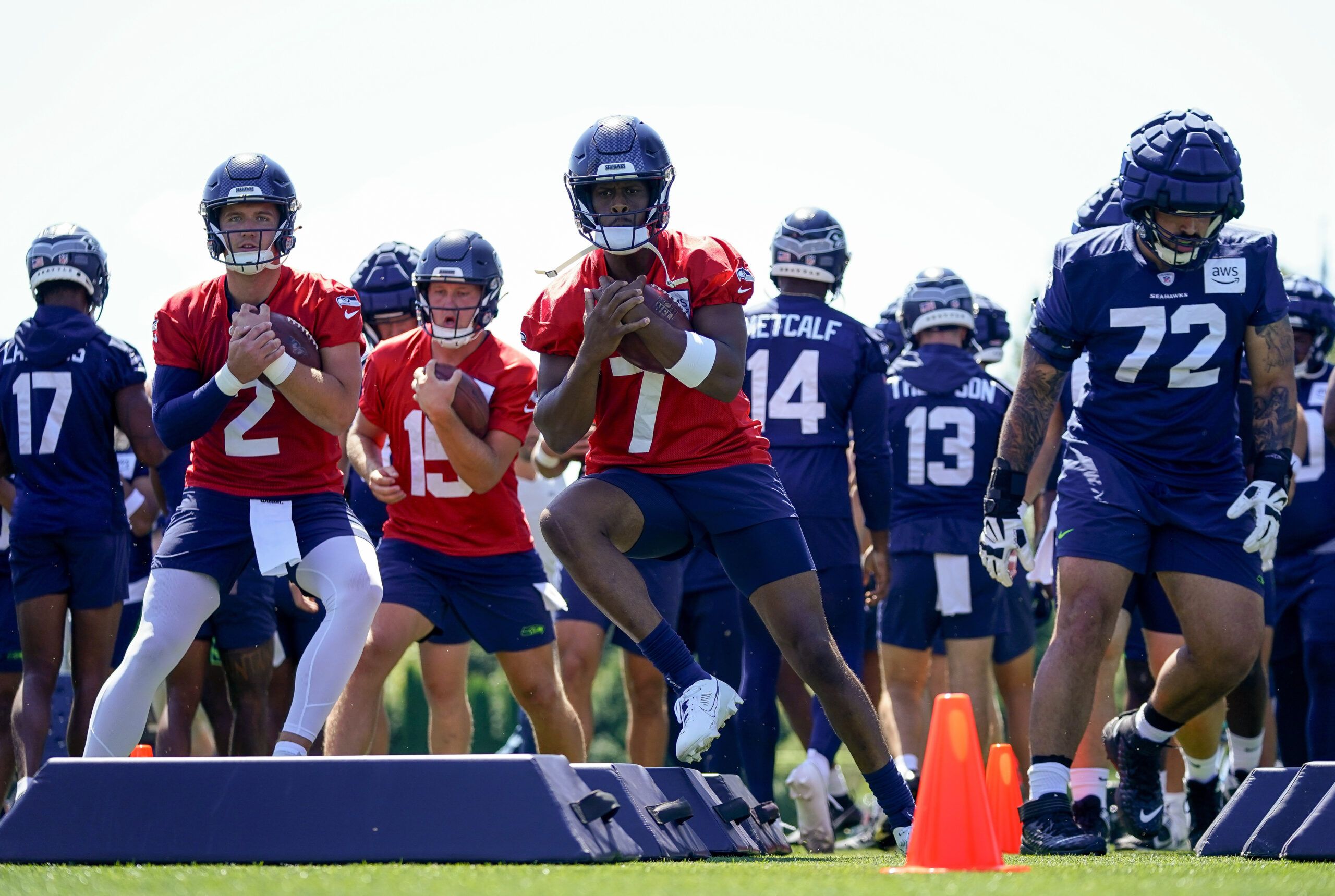 Tyler Lockett of the Seattle Seahawks waits for a timeout during a News  Photo - Getty Images