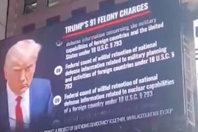 Anti-Trump Republican group erects huge Time Square billboard reeling off ex-president’s criminal charges