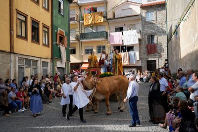 Ox-pulled floats with sacred images of Mary draw thousands to Portugal’s wine-country procession