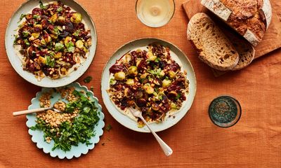 Chantelle Nicholson’s recipe for crispy brussels sprouts with lentils, smoked chilli harissa and roasted peanuts