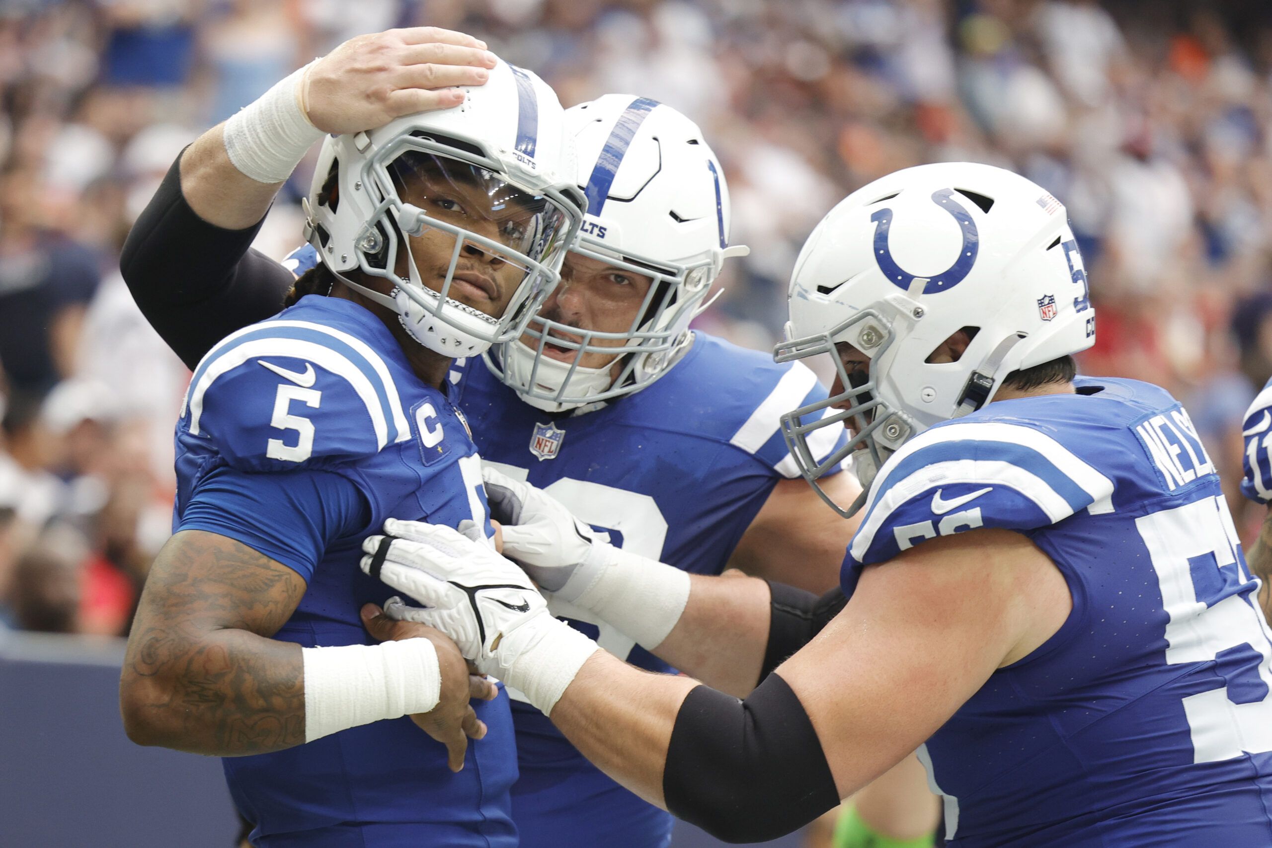 Indianapolis Colts tight end Kylen Granson (83) celebrates leaving