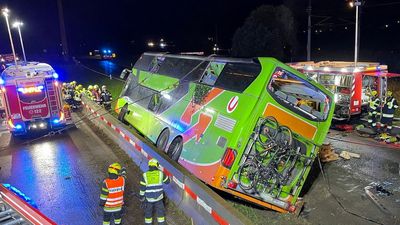 A bus coach crashes in Austria, killing a woman and injuring 20 others