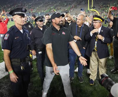 WATCH: Ohio State head coach Ryan Day gets fired up after Notre Dame win, calls out Lou Holtz