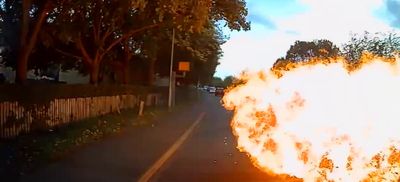 Fireball caught on dashcam as motorcyclist loses toe in smash with car