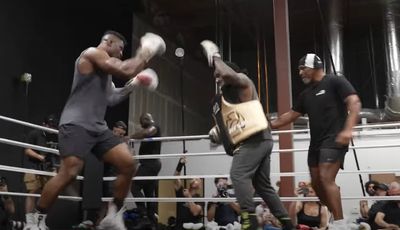 Video: Francis Ngannou smashes pads with Mike Tyson’s oversight at open workout for Tyson Fury boxing match