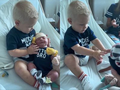 Toddler has amusing reaction to realising he’s the middle child when meeting baby brother: ‘Return to sender’