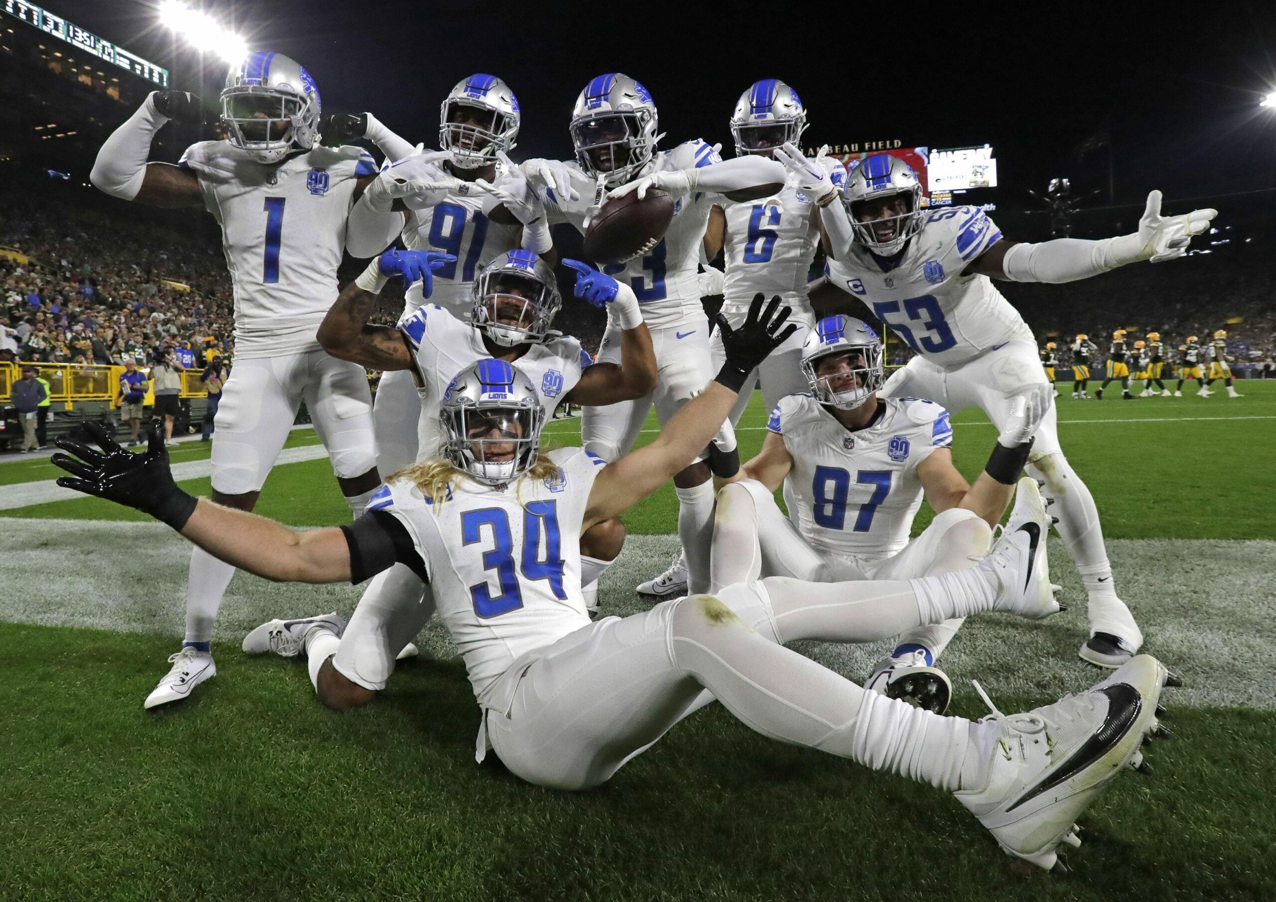 Detroit Lions punter Jack Fox (3) kicks off against the Seattle