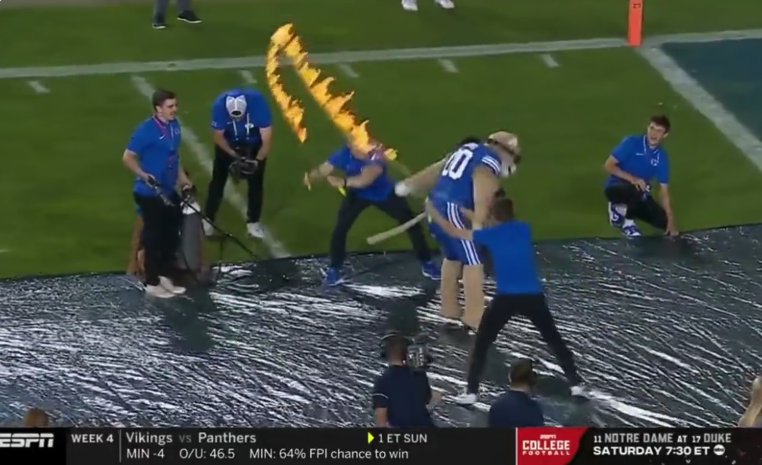 BYU’s mascot somehow jumped a flaming rope while doing…