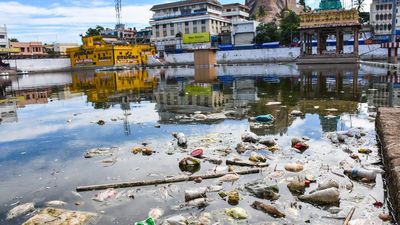 Food waste contaminates water in the teppakulam of Rockfort Temple in Tiruchi