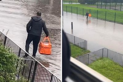 Clip shows man wading through water to deliver Just Eat to customer