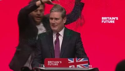 Assault arrest after Keir Starmer covered in glitter by protester during Labour Party Conference speech