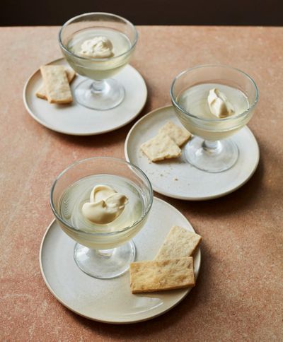 Ravneet Gill’s recipe for pear and champagne jellies with hazelnut shortbread