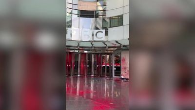 BBC Broadcasting House sprayed with red paint