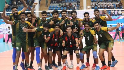 Volleyball bounces off the net of National Games in Goa