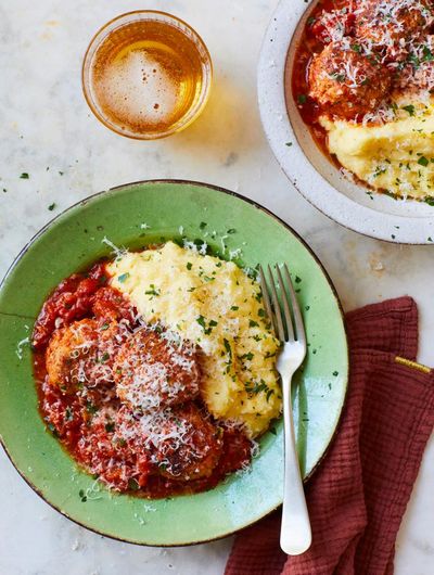 Thomasina Miers’ recipe for meatballs and tomato sauce with double corn parmesan polenta