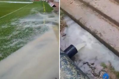 Video footage shows scale of Dundee vs Rangers challenge as deluge soaks pitch