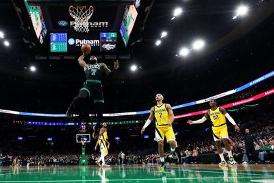 Jaylen Brown reacts to the Boston Celtics’ 51-point blowout of the Indiana Pacers