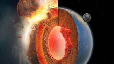 Relics of huge primordial collision reside in Earth's deep interior