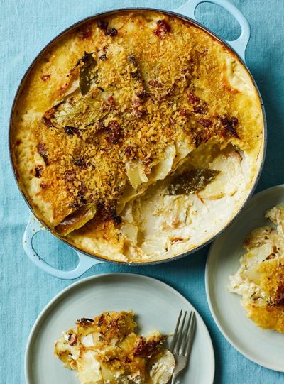 Thomasina Miers’ recipe for potato, guanciale and sage gratin with an orange, olive and chicory salad
