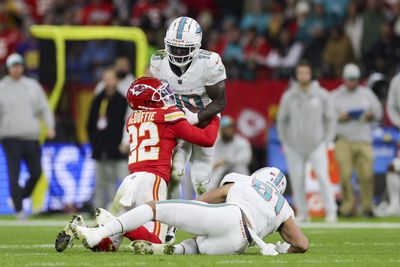 Dolphins WR Tyreek Hill reacts to his performance vs. Chiefs