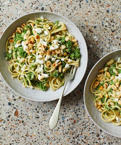 Rukmini Iyer’s quick and easy recipe for green linguine with kale, beans and feta