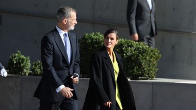 Queen Letizia of Spain adds splash of zesty lime green to her look in statement blazer paired with cosy Mango coat