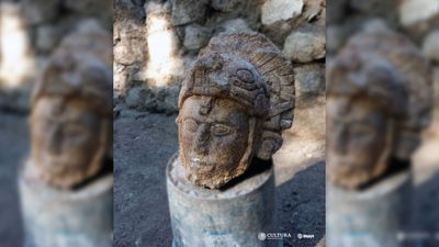 Maya warrior statue with serpent helmet discovered at Chichén Itzá