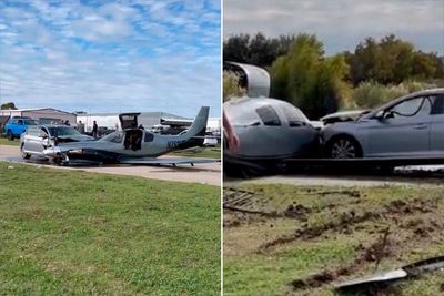 Small plane crashes into car on highway after overrunning the runway