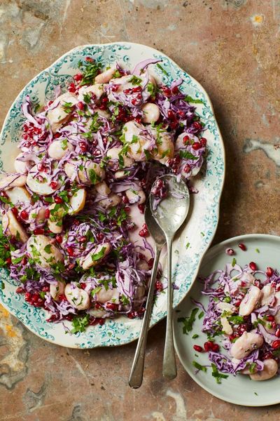 Rukmini Iyer’s quick and easy recipe for pink potato salad with red cabbage and pomegranate