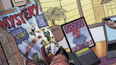 The fictional Marvel Comics of the Marvel Universe has been purchased by an evil mega-corporation with a cartoon mascot