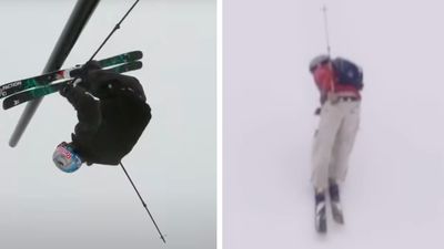 2 topsy-turvy ski videos: the world’s first upside down rail slide and a risky, backwards high-speed rock slide
