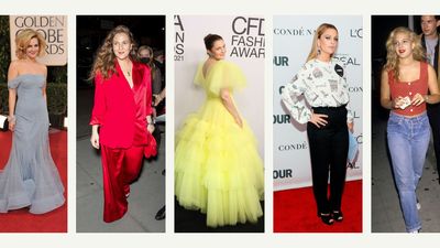 Drew Barrymore's most iconic style moments, from red carpet glamour to sharp tailoring