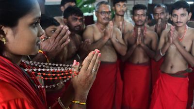 Devotees in red robes throng Kanaka Durga temple as Bhavani Deeksha conferment begins