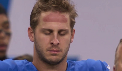 NFL fans all made the same Peyton Manning joke after seeing Jared Goff’s red forehead on Thanksgiving