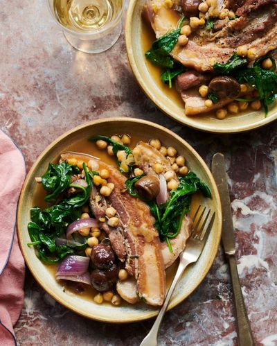 Jose Pizarro’s recipe for sherry-braised pork belly with spinach and chestnuts