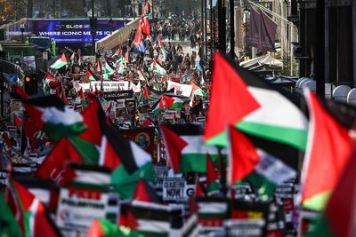 Tens of thousands march for ceasefire in Gaza amid temporary truce