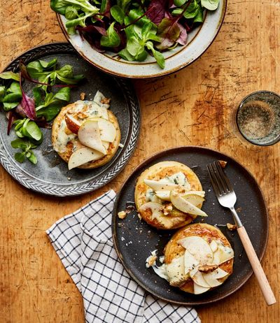 Rukmini Iyer’s quick and easy crumpets with honeyed pears, dolcelatte and walnuts – recipe