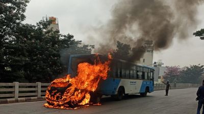 Car gutted after rear-end collision with BMTC bus in freak accident in Bengaluru