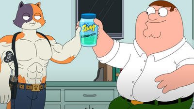 Peter Griffin drinks the expired Fortnite slurp juice in a lore explainer, in case you were worried about Family Guy's continuity for some reason