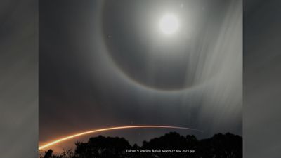 SpaceX rocket punches a hole in the clouds, birthing an ethereal halo around full moon