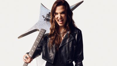 Lzzy Hale and Kramer team up for one of the loudest looking electric guitars you’ll see – a Voyager finished in high-voltage Black Diamond Holographic Sparkle