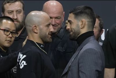 UFC 298 video: Ilia Topuria tries to grab Alexander Volkanovski’s title after faceoff