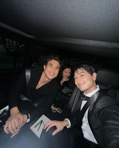 Charles Melton Captures Sleek Black Outfit Moments with Friends in Car