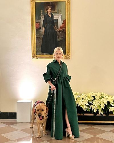 Selma Blair Poses with Her Dog and Kid in Green Outfit