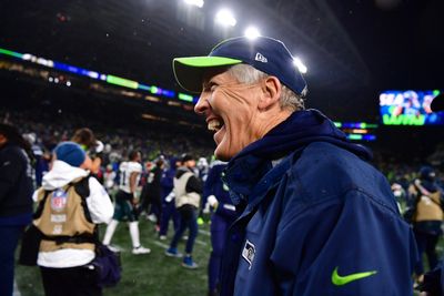 Split screen video shows Pete Carroll and DK Metcalf celebrating the game-winning Seahawks TD vs. Eagles