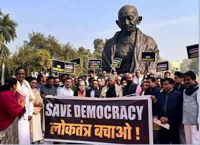 Parliament Session: INDIA bloc MPs stage protest in front of Gandhi statue against bulk suspension