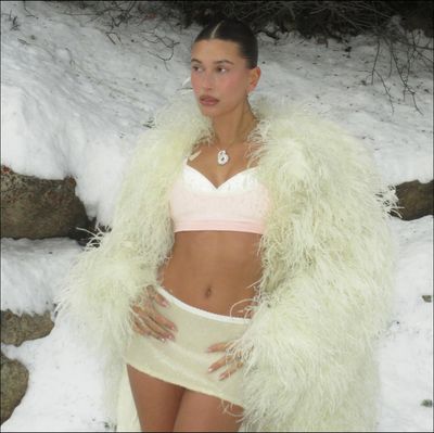 Hailey Bieber Wore a Micro Mini Skirt and Lace Lingerie in the Colorado Snow