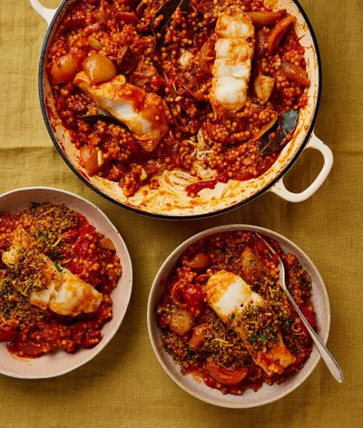 Thomasina Miers’ recipe for braised cod with giant couscous, and whisky and orange creme caramel